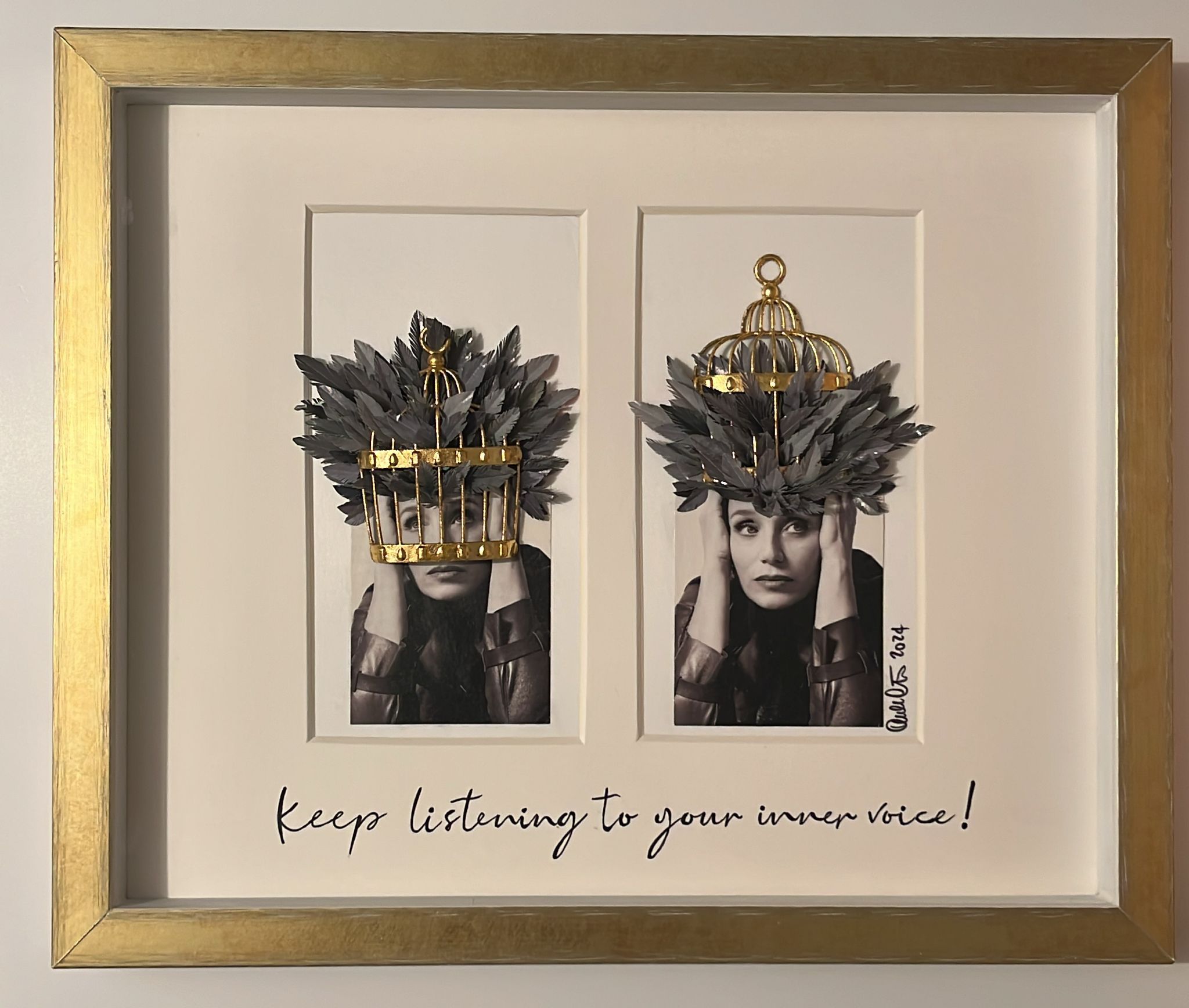 Two gold-framed collages of black and white female faces crowned with dark feathers and golden cages, with the phrase Keep listening to your inner voice.